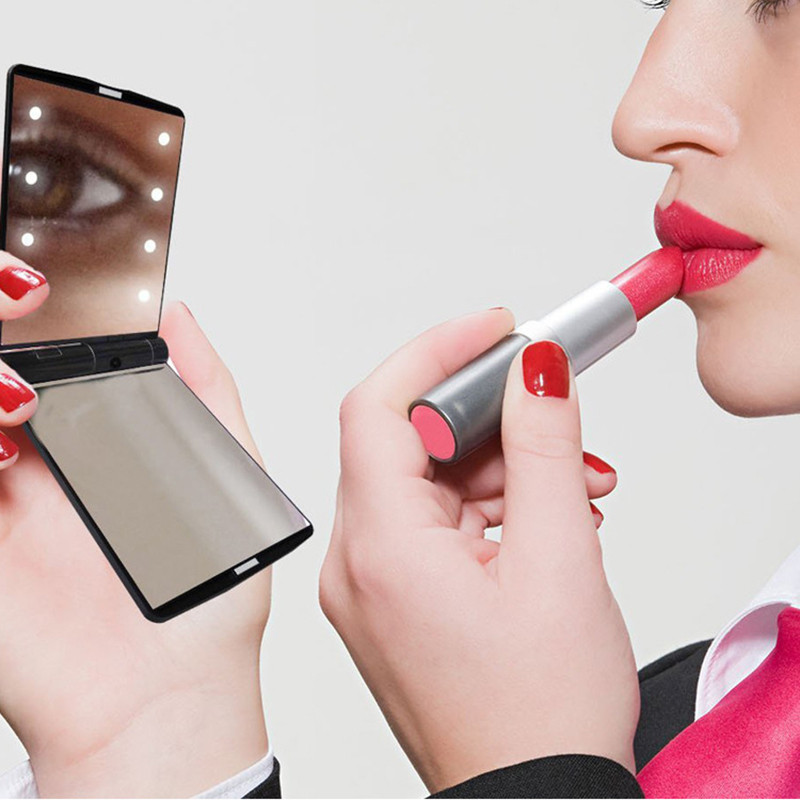 Mini hordozható összecsukható utazási tükör LED-es fényű sminktükör kompakt tükör nagyítású, kétoldalas szépségápoló sminktükör négyzet alakú