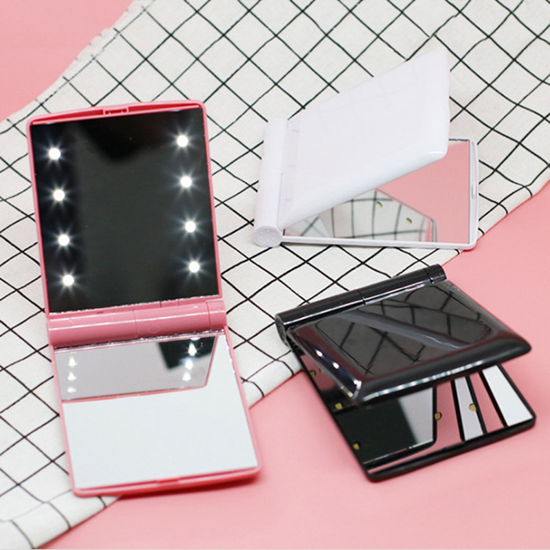 Mini hordozható összecsukható utazási tükör LED-es fényű sminktükör kompakt tükör nagyítású, kétoldalas szépségápoló sminktükör négyzet alakú