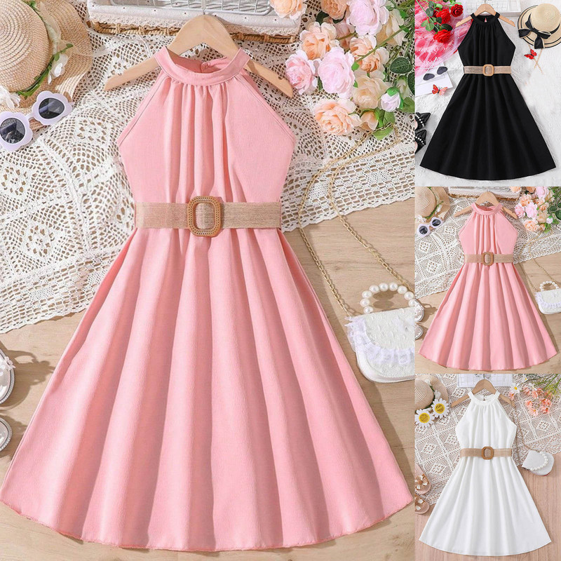 Vienkrāsains bērnu meiteņu sauleskleita vasaras bērnu kleita bez piedurknēm, piekarināma kakla josta Princeses kāzu ballīte Vestidos