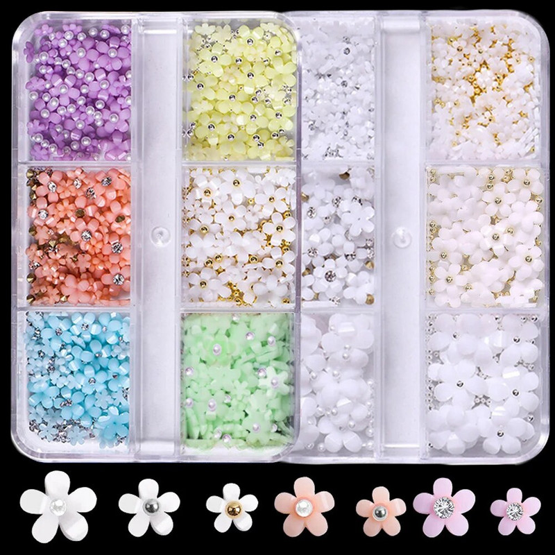 Vânzare fierbinte 6 grile Macaron Rășină 3D Flori cu cinci petale Nail Art Deaoration Mixte Minge de unghii mici/Crystal/Accesorii de flacără