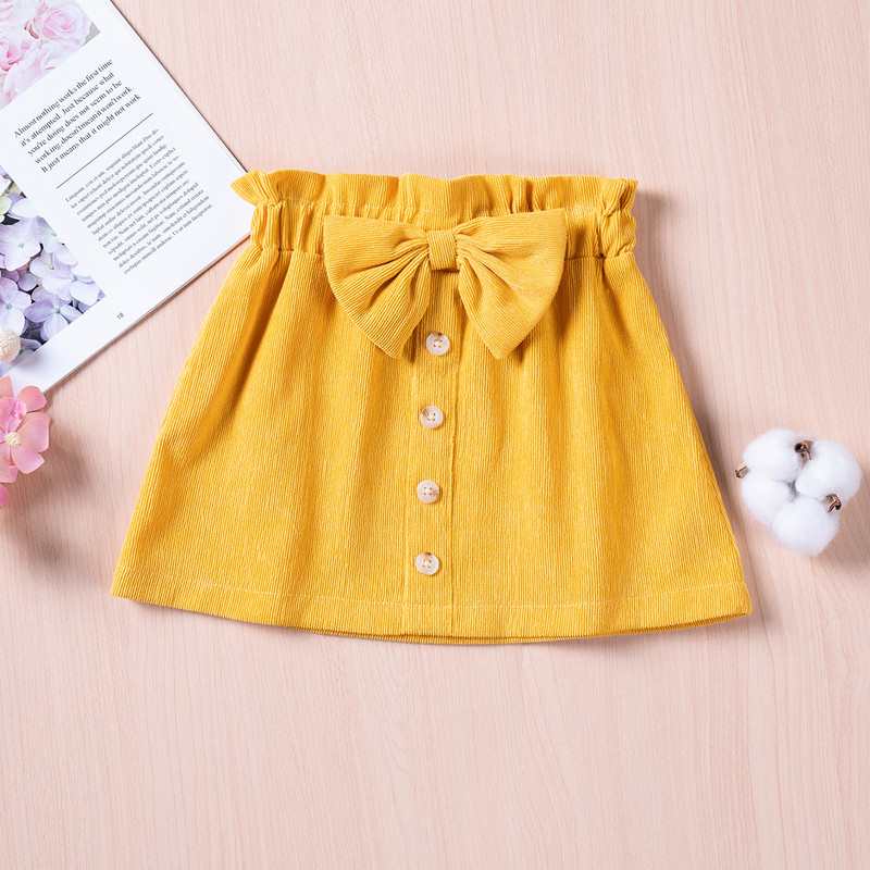 Fusta scurtă pentru fetiță, cu fundă, elastică, maro, cu nasturi, cu decor cu fundă, Pantaloni casual pentru fete de primăvară, toamnă