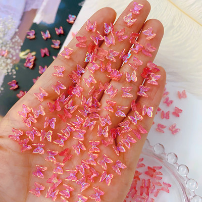 100Gb Krāsains Aurora Butterfly Nail Art Decoration 6mm Resin Mini 3D Butterfly Nail Charms AB /Pink Cute Manicure Butterfly N*