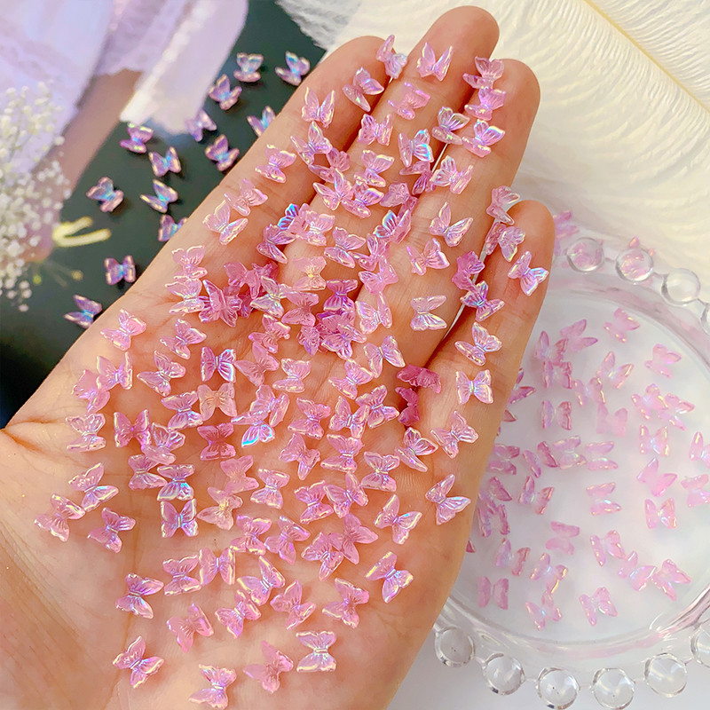 100Gb Krāsains Aurora Butterfly Nail Art Decoration 6mm Resin Mini 3D Butterfly Nail Charms AB /Pink Cute Manicure Butterfly N*