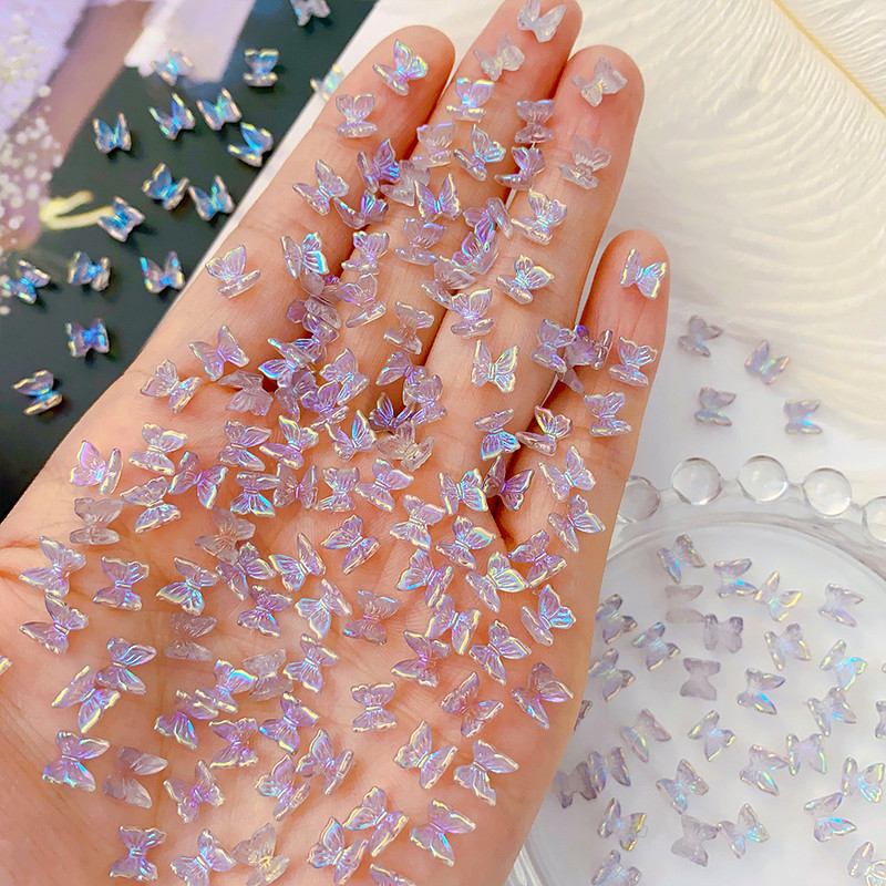 100Gb Krāsains Aurora Butterfly Nail Art Decoration 6mm Resin Mini 3D Butterfly Nail Charms AB /Pink Cute Manicure Butterfly N*