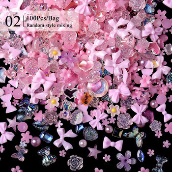 100 бр. Талисмани за нокти със смесена смола Kawaii Candy Цветни цветя Bownot Rhinestone Pearl Jewelry Jelly Crystal Nail Decoration