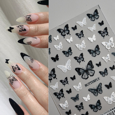 Autocolant 5D Nou Craft Fluture Nail Art Decor Glisor ultra-subțire Decalcomanii transparente Negru/Alb/Roz Autocolant autoadeziv