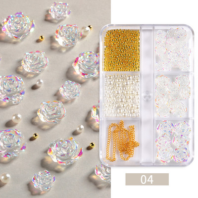 6Režģi Akrila Ziedi 3D Nagu mākslas rotājumi Sveķu piekariņi Zelta krelles Kaviāra Pērle Jaukti Rhinestones Aksesuāri Manikīrs