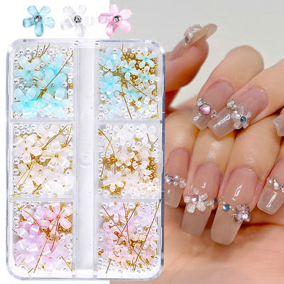 6Režģi Akrila Ziedi 3D Nagu mākslas rotājumi Sveķu piekariņi Zelta krelles Kaviāra Pērle Jaukti Rhinestones Aksesuāri Manikīrs