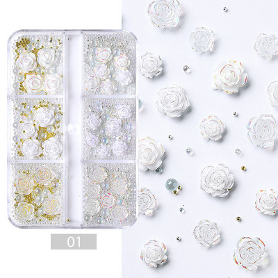 6Režģi Akrila Ziedi 3D Nagu mākslas rotājumi Sveķu piekariņi Zelta krelles Kaviāra Pērle Jaukti Rhinestones Aksesuāri Manikīrs