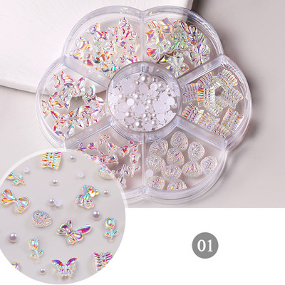 6Režģi Akrila Ziedi 3D Nagu mākslas rotājumi Sveķu piekariņi Zelta krelles Kaviāra Pērle Jaukti Rhinestones Aksesuāri Manikīrs