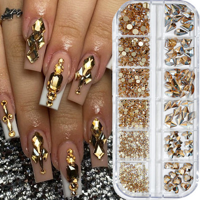 12 režģi/kaste, kristāla nagu mākslas darbi, rhinestones, stikls SS4-SS16 nagu akmeņi, spīdīgi plakanā aizmugurējā 3D diY nail art dekori