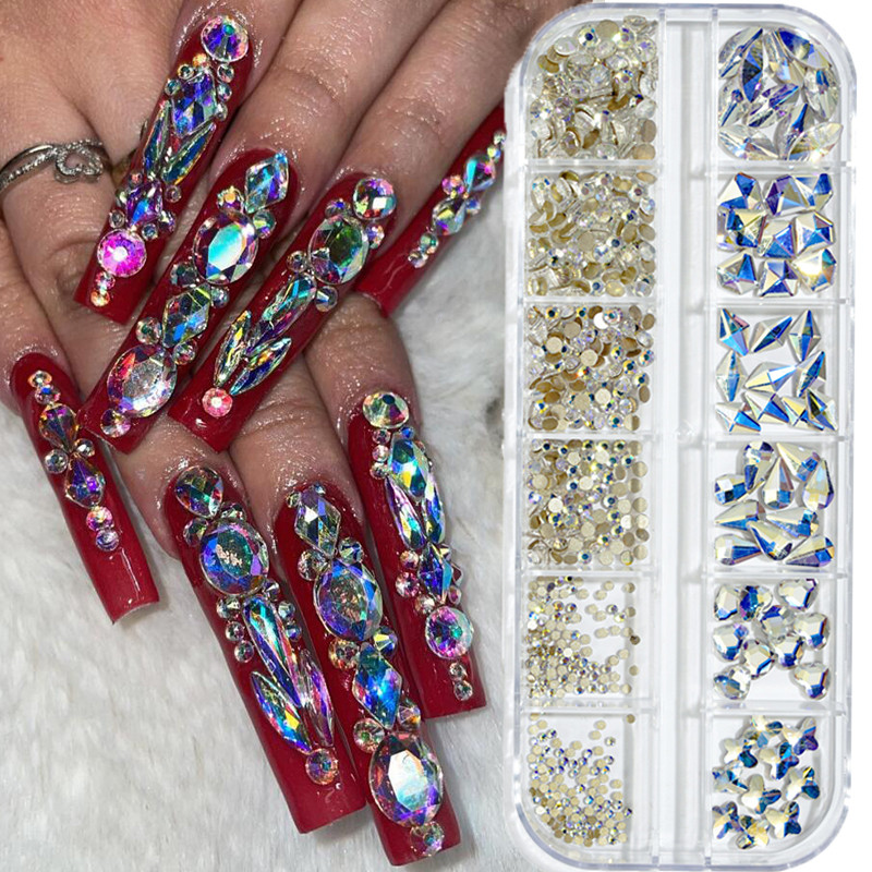 12 režģi/kaste, kristāla nagu mākslas darbi, rhinestones, stikls SS4-SS16 nagu akmeņi, spīdīgi plakanā aizmugurējā 3D diY nail art dekori