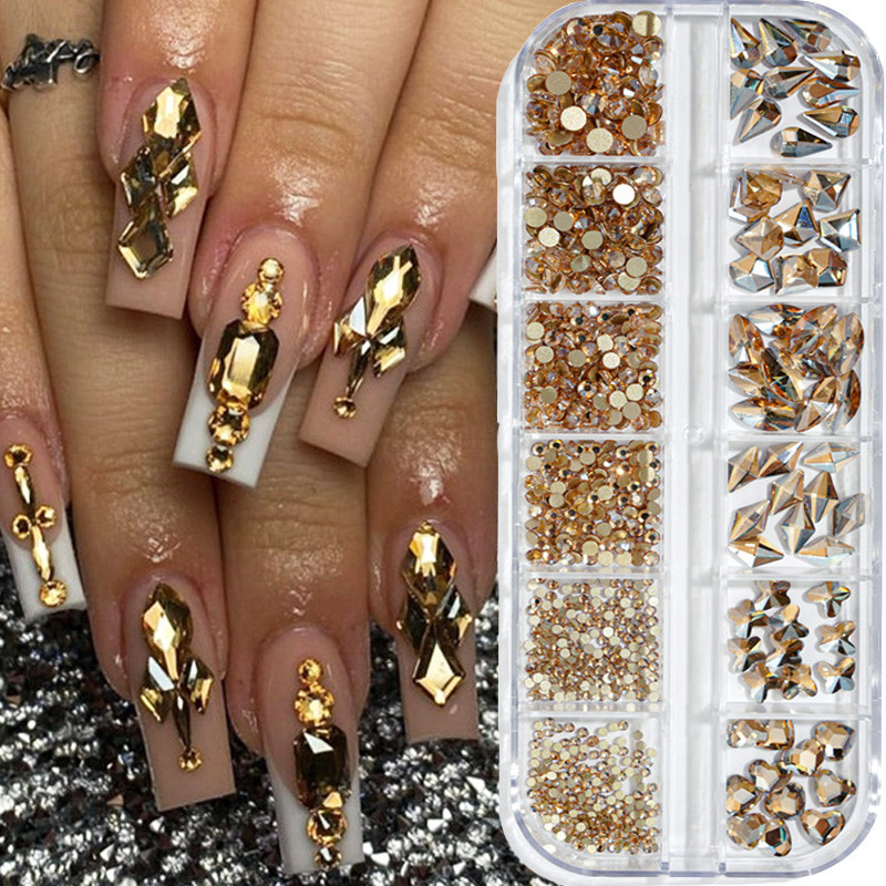 12 režģi/kaste, kristāla nagu mākslas darbi, rhinestones, stikls SS4-SS16 nagu akmeņi, spīdīgi plakanā aizmugurējā 3D diY nail art dekori