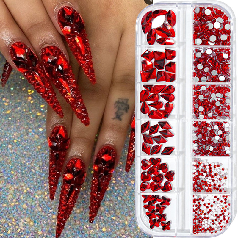 12 režģi/kaste, kristāla nagu mākslas darbi, rhinestones, stikls SS4-SS16 nagu akmeņi, spīdīgi plakanā aizmugurējā 3D diY nail art dekori