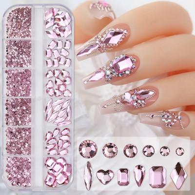 12 Grids Pink Mixed Nail Rhinestones Luxury Nail Charms Glitter Κρυστάλλινα κοσμήματα Πολύτιμοι λίθοι Nail Art Διακόσμηση Μανικιούρ στρας R#Q