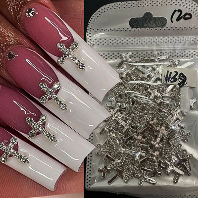 10τμχ Full Glitter Punk Cross Nail Charms 7*11,5cm Ασημί/Χρυσό Metal Cross Nail Art Διακόσμηση 3D Luxury Classic Cross Manicure