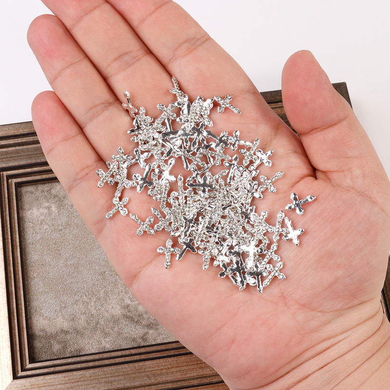 10Gb Full Glitter Punk Cross nagu piekariņi 7*11.5cm sudraba/zelta metāla krustveida nagu mākslas dekorēšana 3D Luxury Classic Cross Manikīrs