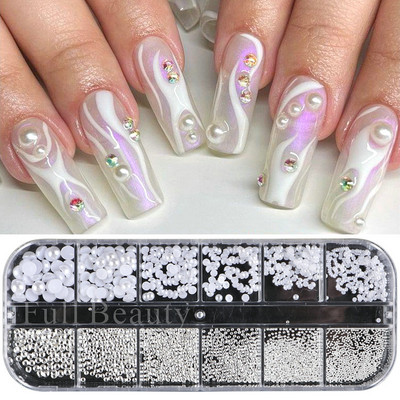 Fehér Gyöngyök Körömre Kaviár Gyöngy Nail Art Charms Decor Félforma Design 3D Kristályok Strasszkövek Manikűr Kiegészítők LA2070