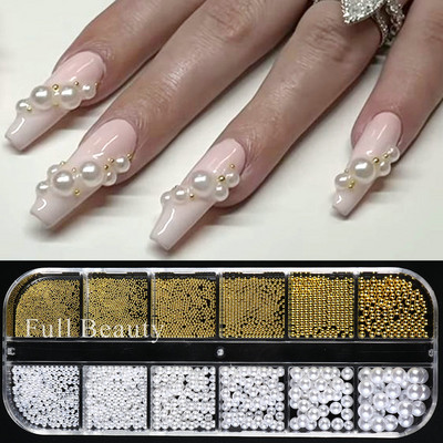 Fehér Gyöngyök Körömre Kaviár Gyöngy Nail Art Charms Decor Félforma Design 3D Kristályok Strasszkövek Manikűr Kiegészítők LA2070