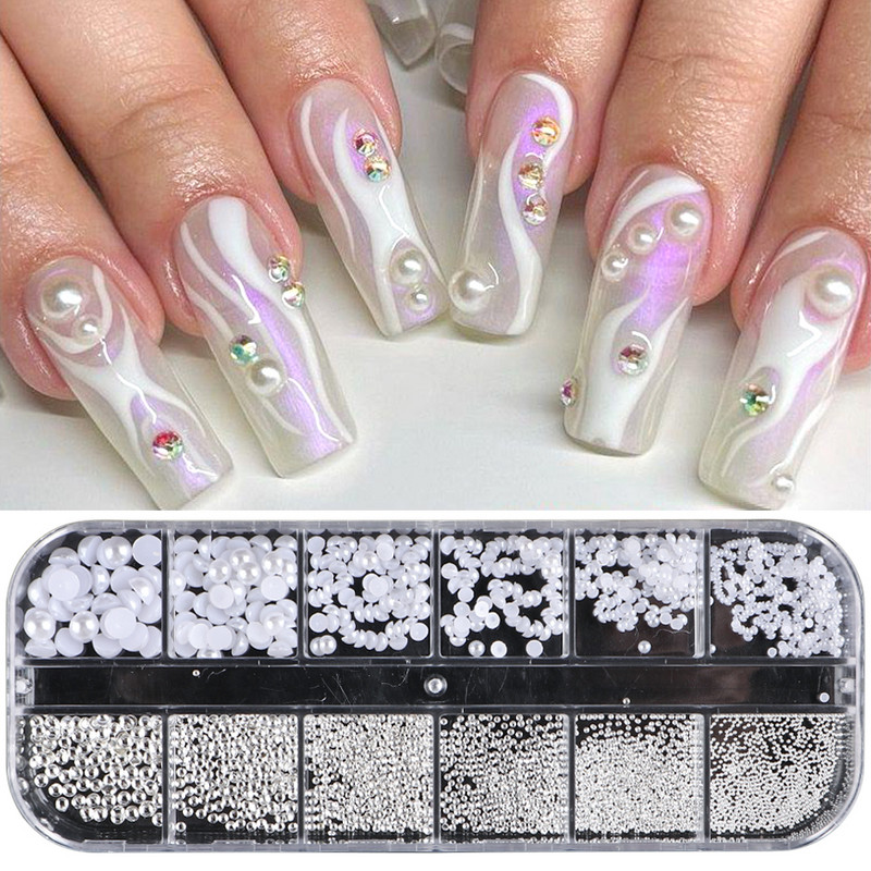 Fehér Gyöngyök Körömre Kaviár Gyöngy Nail Art Charms Decor Félforma Design 3D Kristályok Strasszkövek Manikűr Kiegészítők LA2070