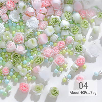 3D Nail Spring Summer Macaron Rose Pink Flower Charms Μικτές χάντρες με μαργαριτάρι στρας Διακόσμηση Νύχια Αξεσουάρ Προμήθειες Πολυτελείας