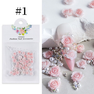 3D nokti Proljeće Ljeto Macaron Rose Pink Flower Charms Mješovite biserne perle Ukrasi od vještačkih dijamanata Dodaci za nokte Luksuzni pribor