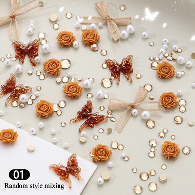 3D nokti Proljeće Ljeto Macaron Rose Pink Flower Charms Mješovite biserne perle Ukrasi od vještačkih dijamanata Dodaci za nokte Luksuzni pribor