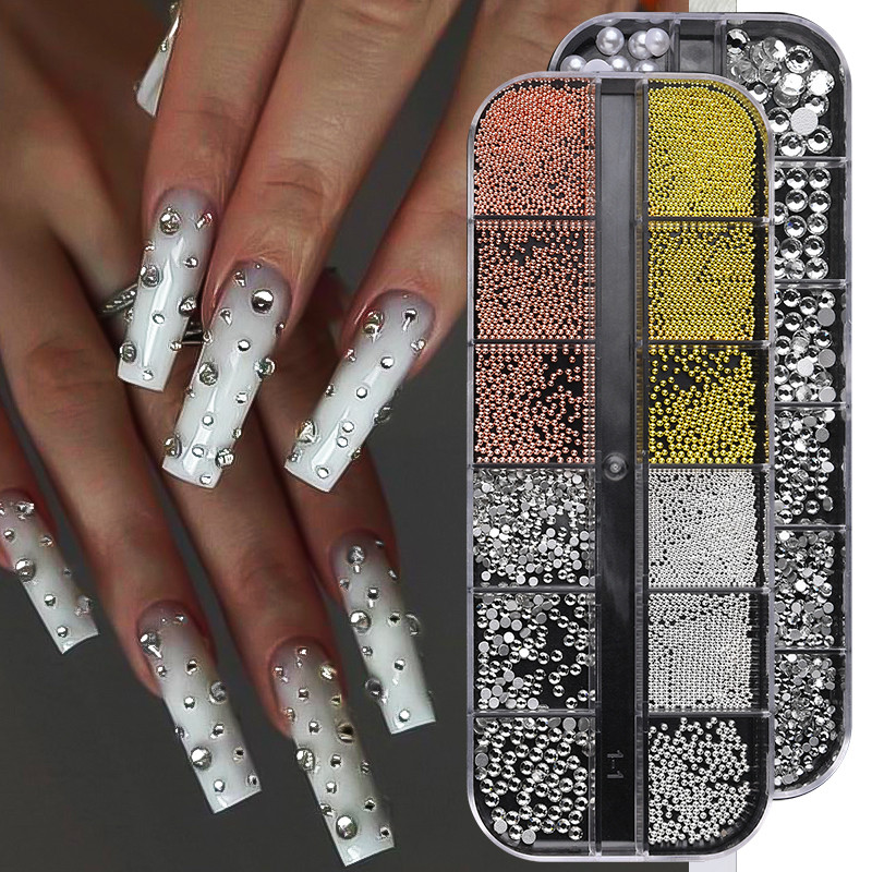 1doboz fehér gyöngyök köröm kaviár gyöngyök kevert körömdíszítés bűbájok dekor fél alakú kivitel 3D kristályok strasszok manikűr kiegészítők