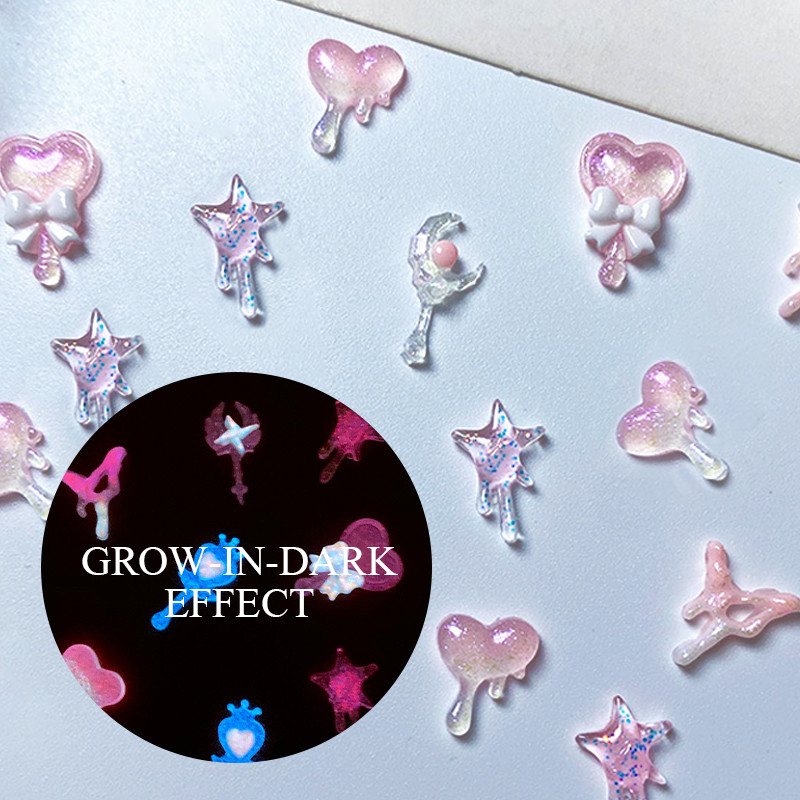 1Bag Auroras Glitter Pink Sirds Zvaigznes formas nagu piekariņi Aksesuāri Izejmateriāli Spilgti tumsā nagu materiālu rotājumi