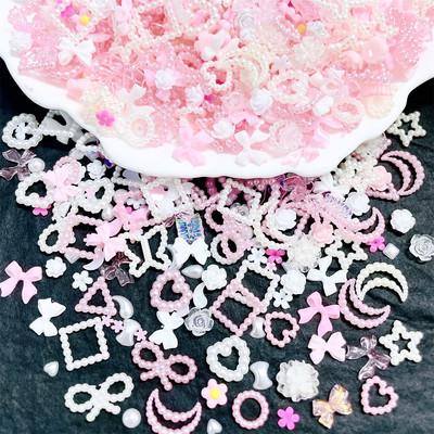 50gab 3D Kawaii Pink Jaukts Ranbom Resin Nagu mākslas piekariņi Multfilmas Rozā balts Nagu Rhinestones Dekorācijas DIY Piederumi Izejmateriāli