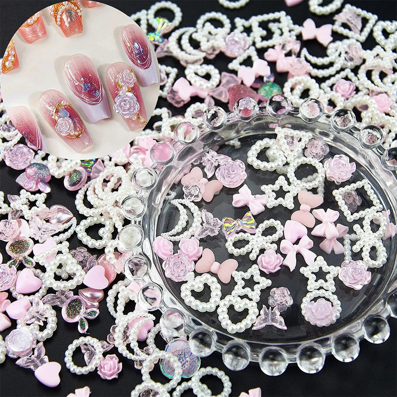 50gab 3D Kawaii Pink Jaukts Ranbom Resin Nagu mākslas piekariņi Multfilmas Rozā balts Nagu Rhinestones Dekorācijas DIY Piederumi Izejmateriāli