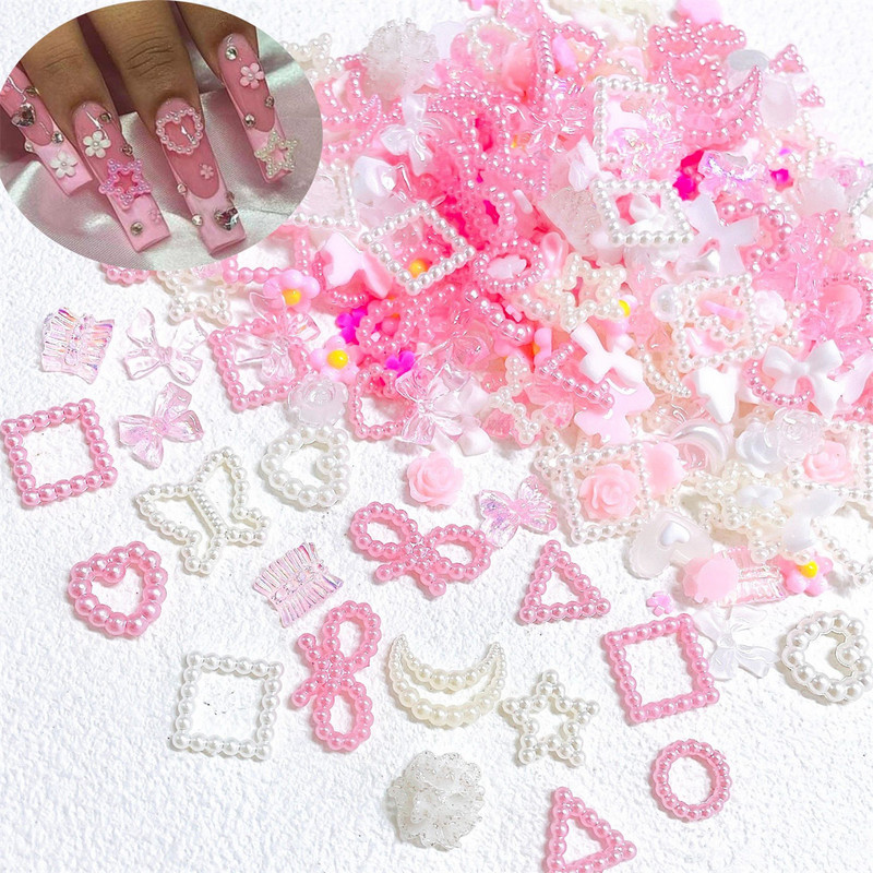 50gab 3D Kawaii Pink Jaukts Ranbom Resin Nagu mākslas piekariņi Multfilmas Rozā balts Nagu Rhinestones Dekorācijas DIY Piederumi Izejmateriāli