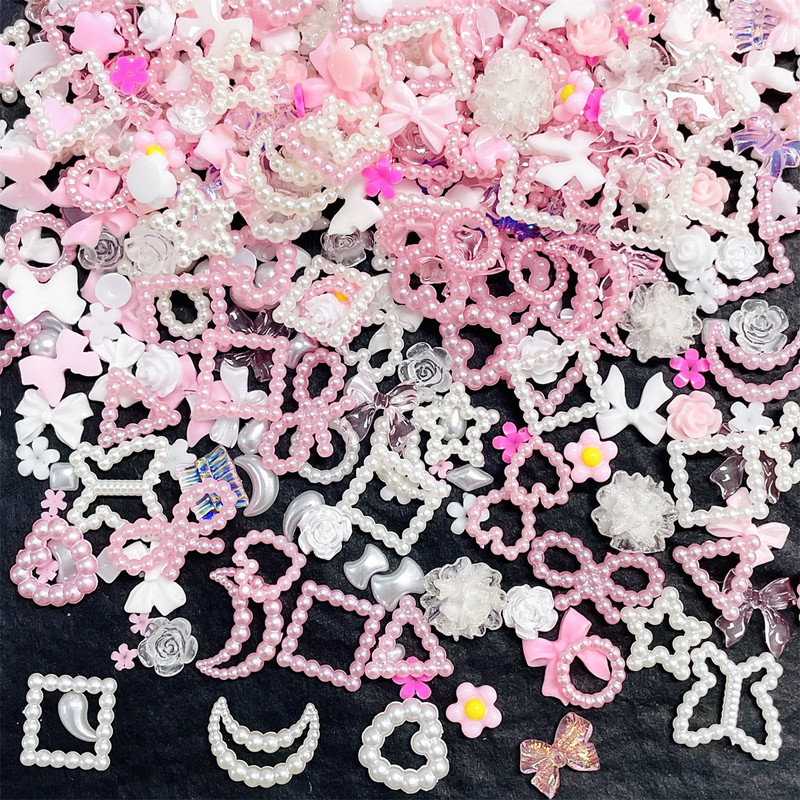50gab 3D Kawaii Pink Jaukts Ranbom Resin Nagu mākslas piekariņi Multfilmas Rozā balts Nagu Rhinestones Dekorācijas DIY Piederumi Izejmateriāli