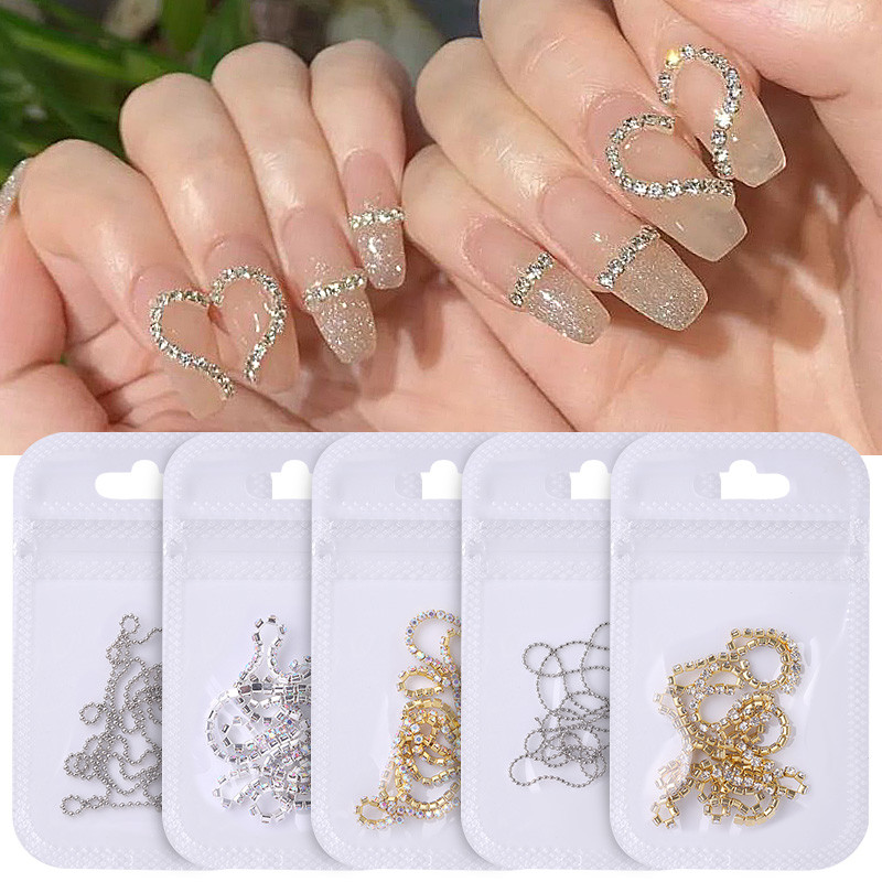 Rhinestones nagu naglu ķēde zelta sudraba nagu akmens krelles dekors 3D kalnu akmens metāla tērauda lodīšu ķēde DIY šarms nagu rotaslietu dekors