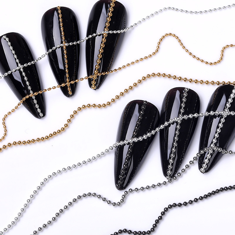 Rhinestones nagu naglu ķēde zelta sudraba nagu akmens krelles dekors 3D kalnu akmens metāla tērauda lodīšu ķēde DIY šarms nagu rotaslietu dekors