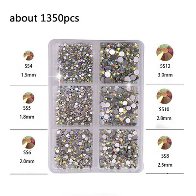 1 kaste Daudzizmēra AB Crystal Nail Rhinestones Plakana dibena kristāldzidra dimanta dārgakmeņi DIY nagu mākslas rotājumi Strass Stones