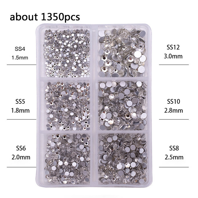 1 kaste Daudzizmēra AB Crystal Nail Rhinestones Plakana dibena kristāldzidra dimanta dārgakmeņi DIY nagu mākslas rotājumi Strass Stones
