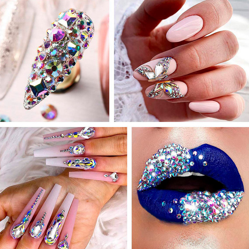 1 kaste Daudzizmēra AB Crystal Nail Rhinestones Plakana dibena kristāldzidra dimanta dārgakmeņi DIY nagu mākslas rotājumi Strass Stones
