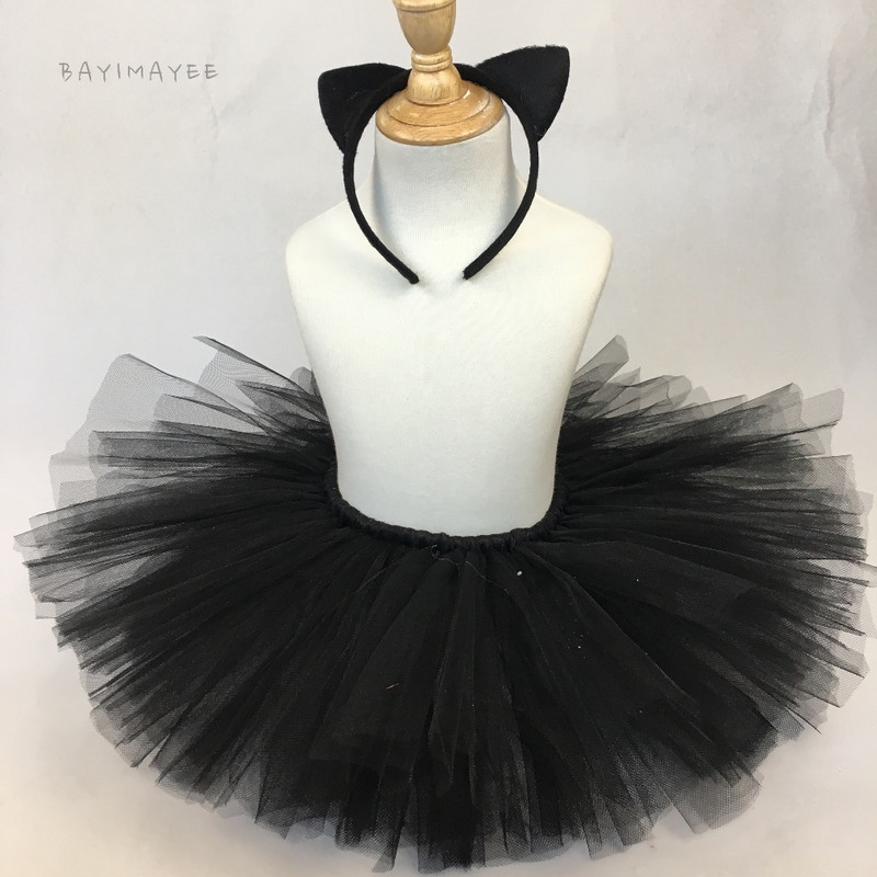 Meiteņu melna kaķa svārki mazulim, rokām darināti pūkaini tilla baleta svārki ar matu loku komplektu Bērnu ballīšu svārku kostīmu kostīmu audums