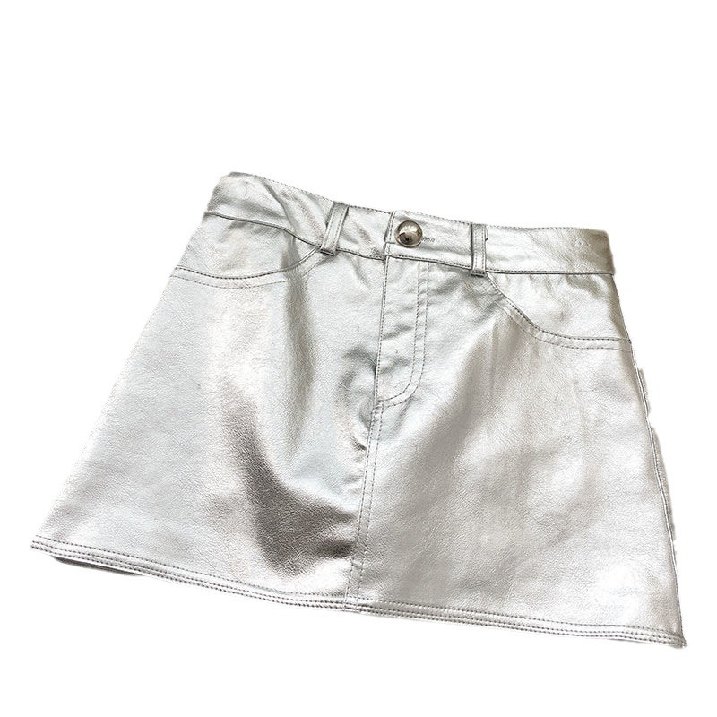Fusta scurtă din piele PU pentru fetițe, cu un buton, centură elastică, talie, anti-mers, strălucitoare, strălucitoare, fuste din piele pentru adolescenți, pantaloni scurți 3-15 ani