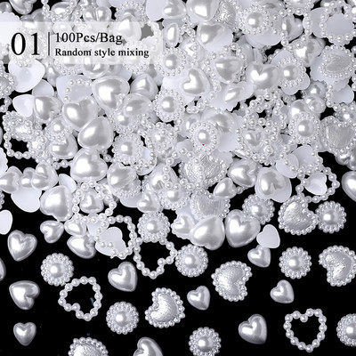 100kom bijelo srce biseri cvijet 3D privjesci za nokte zvijezda leptir perle Nail Art obrti DIY izrada nakita Mješoviti dodaci za nokte