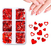 6 režģi, jaukti mīlestības sirds nagu mirdzoši sarkani pārslveida vizuļi dekoratīvi aksesuāri Valentīna dienai profesionāliem nagu mākslas piederumiem