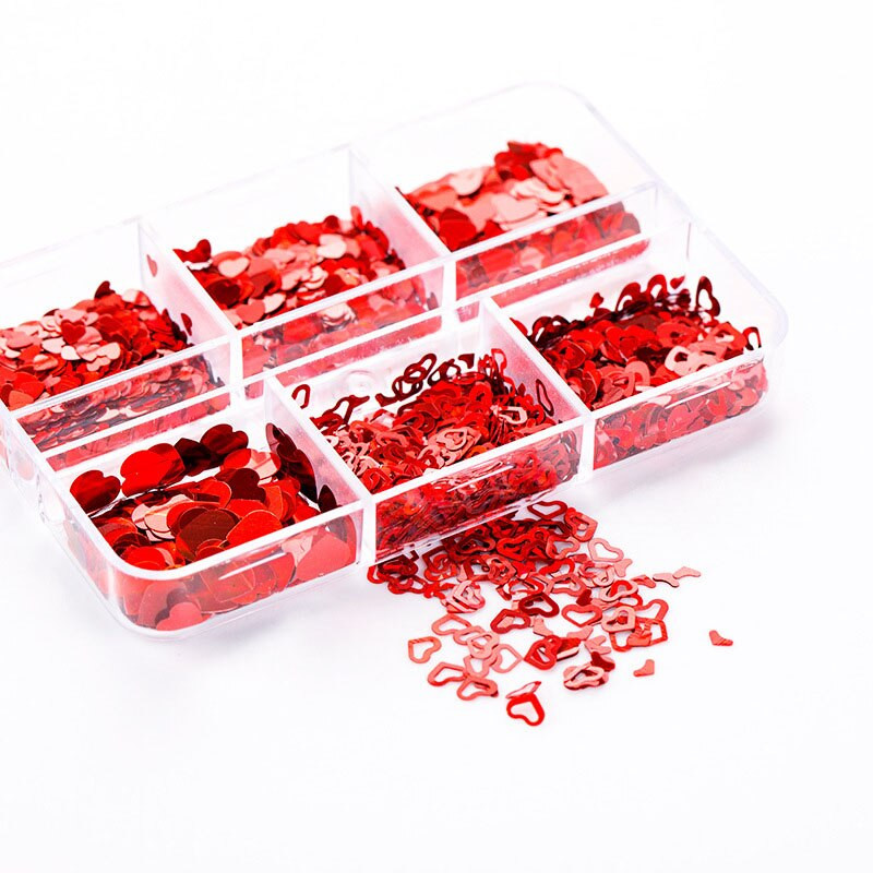 6 režģi, jaukti mīlestības sirds nagu mirdzoši sarkani pārslveida vizuļi dekoratīvi aksesuāri Valentīna dienai profesionāliem nagu mākslas piederumiem