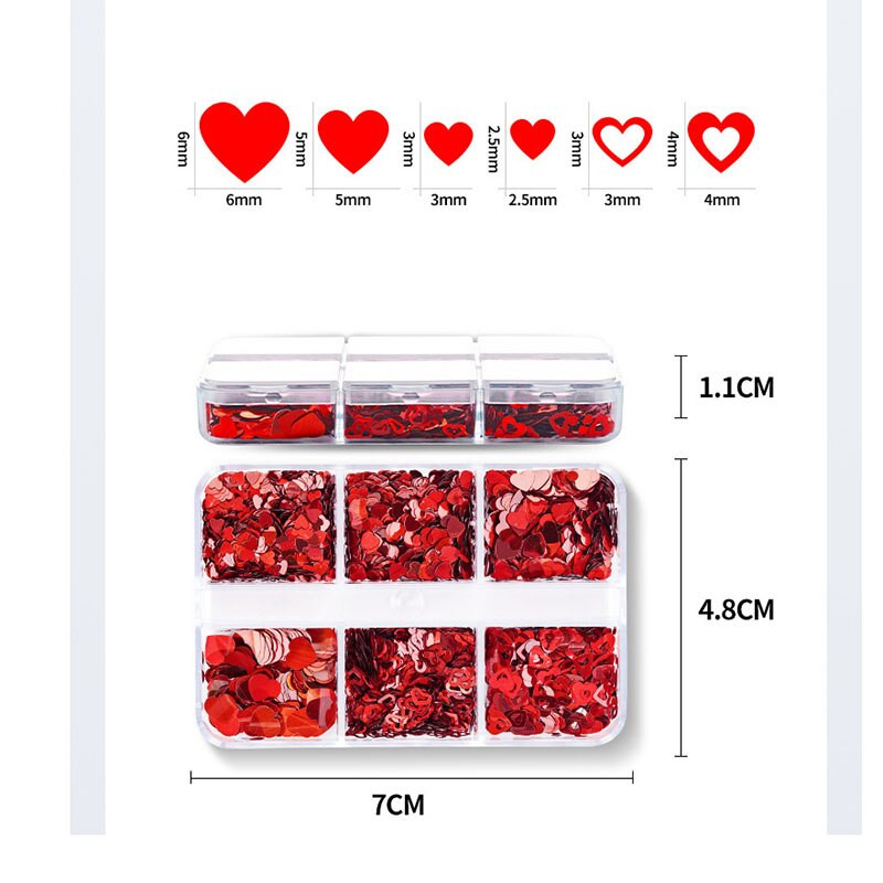 6 režģi, jaukti mīlestības sirds nagu mirdzoši sarkani pārslveida vizuļi dekoratīvi aksesuāri Valentīna dienai profesionāliem nagu mākslas piederumiem
