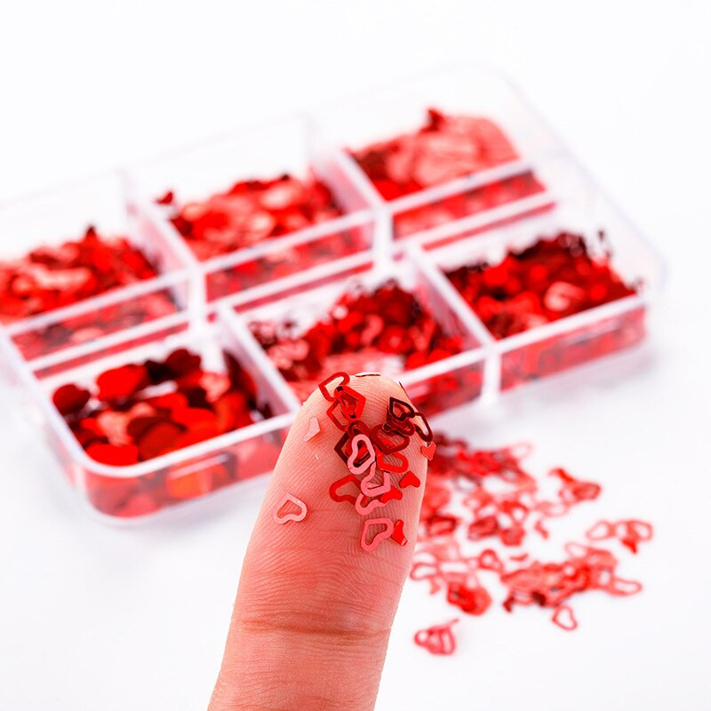 6 režģi, jaukti mīlestības sirds nagu mirdzoši sarkani pārslveida vizuļi dekoratīvi aksesuāri Valentīna dienai profesionāliem nagu mākslas piederumiem