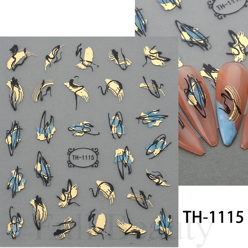 3D златна вълна линия стикер за нокти мрамор синя геометрия абстрактни цветя ноктопластика плъзгачи ваденки фолио маникюр декорации CHTH