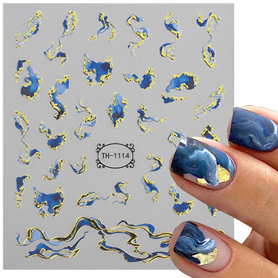 Violeta marmora nagu uzlīmes dūmu dizaina manikīra uzlīmes zelta viļņu līnijas nagu slīdnis ziedoša tintes uzlīme