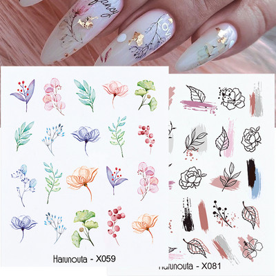 Harunouta Black Lines Flower Leaf Water Decals Αυτοκόλλητα Άνοιξη Απλό Πράσινο Θέμα Πρόσωπο μαρμάρινο ρυθμιστικό για νύχια Art Decor