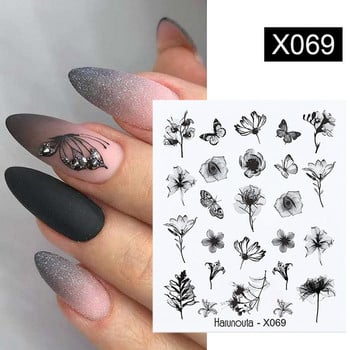 Harunouta Black Lines Flower Leaves Water Decals Stickers Floral Face Marble Pattern Slider For Nails Summer Nail Art Decoration