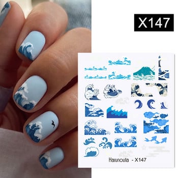 Harunouta Royalblue Blooming Smoke Watercolor Stickers Press on Nails Мраморен дизайн Water Decals Golden Wave Drawing Nail Slider